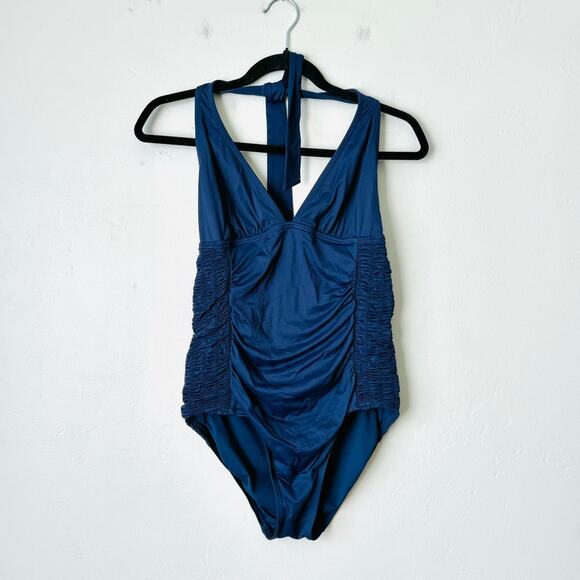 DKNY Navy blue one piece ruched bathing suit woman’s size 10 - Picture 1 of 8